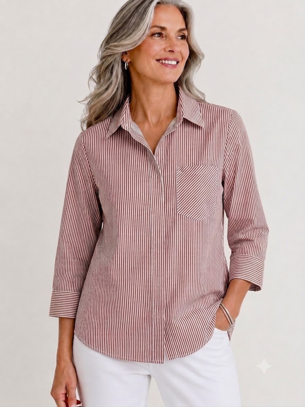 Chico's Red White Pinstripe Cotton NO-IRON Button Front Blouse 3/XL 3/4 Sleeve